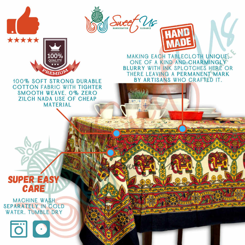 Cotton Elephant Floral Tablecloth Rectangle Blue Red Green Kitchen Dining Linen