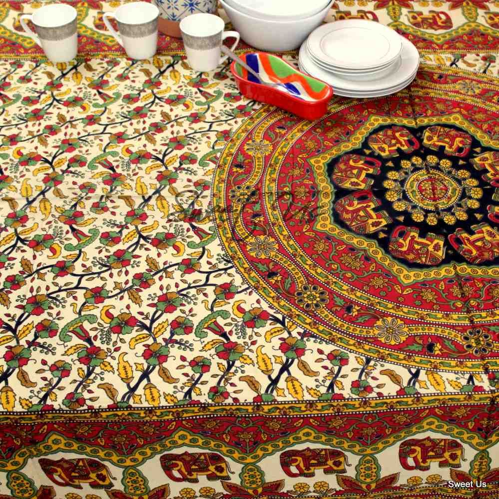 Cotton Elephant Floral Tablecloth Rectangle Blue Red Green Kitchen Dining Linen