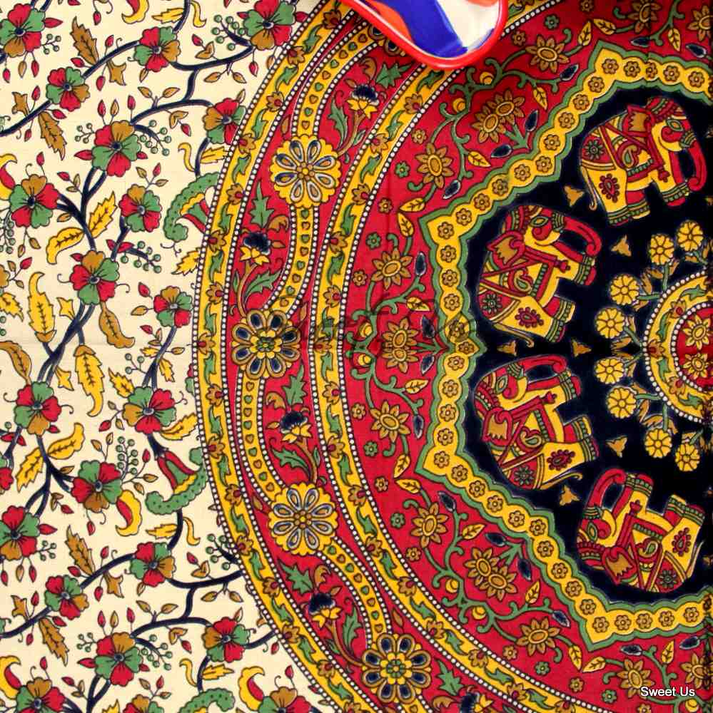 Cotton Elephant Floral Tablecloth Rectangle Blue Red Green Kitchen Dining Linen