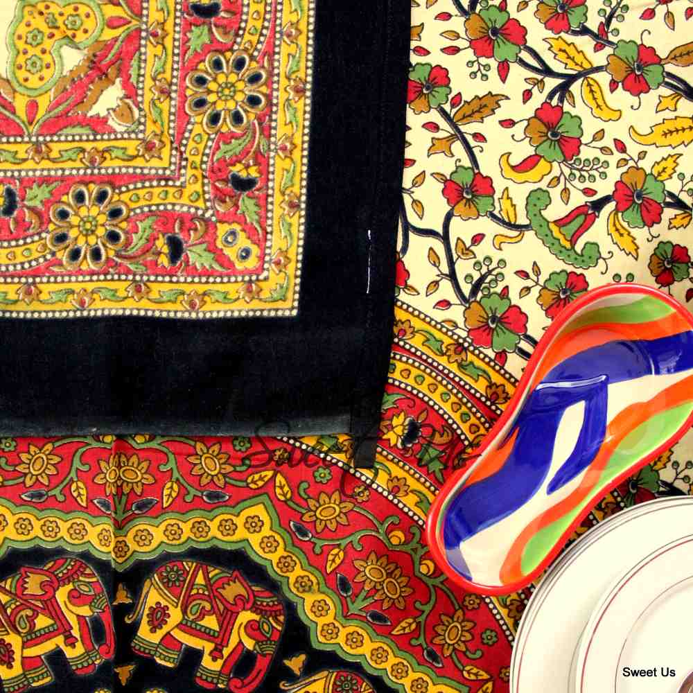 Cotton Elephant Floral Tablecloth Rectangle Blue Red Green Kitchen Dining Linen