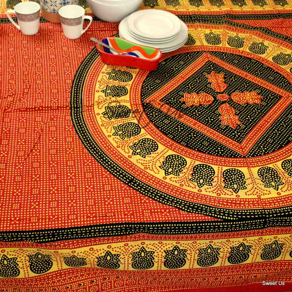Cotton Geometric Tablecloth Rectangle Red Black Cream Kitchen Dining Linen