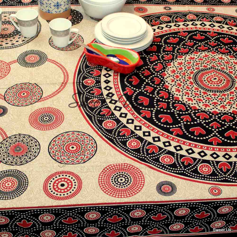Cotton Geometric Tablecloth Rectangle Red Black Beige Kitchen Dining Linen