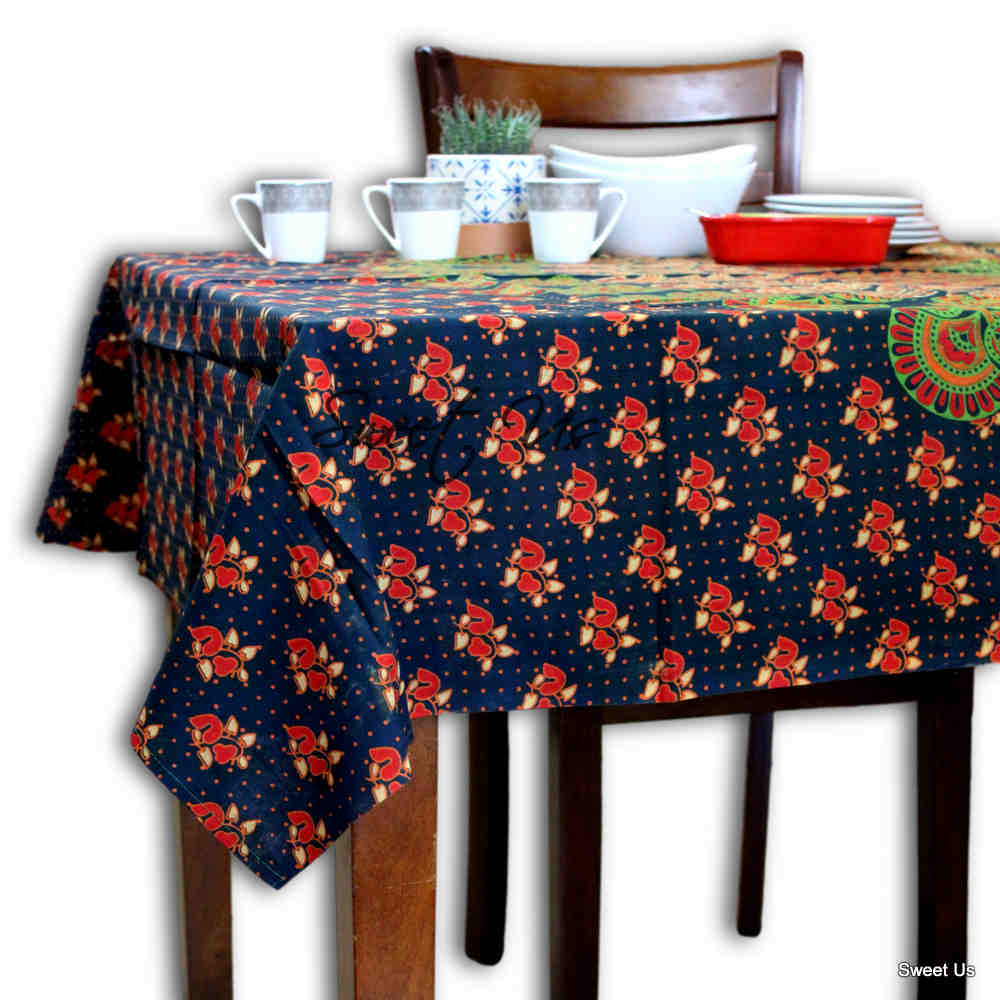 Cotton Peacock Floral Tablecloth Round, Rectangular Green Rust Gold Red Linen