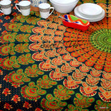 Cotton Peacock Floral Tablecloth Round, Rectangular Green Rust Gold Red Linen