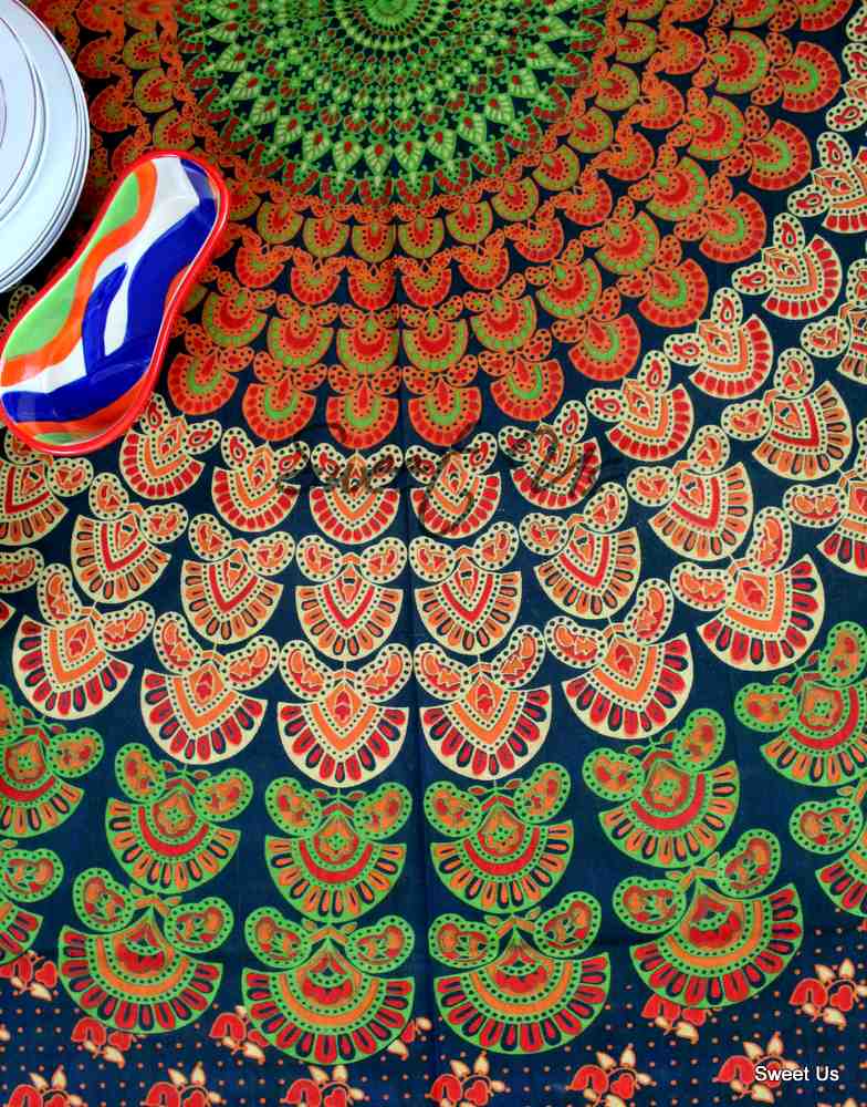 Cotton Peacock Floral Tablecloth Round, Rectangular Green Rust Gold Red Linen