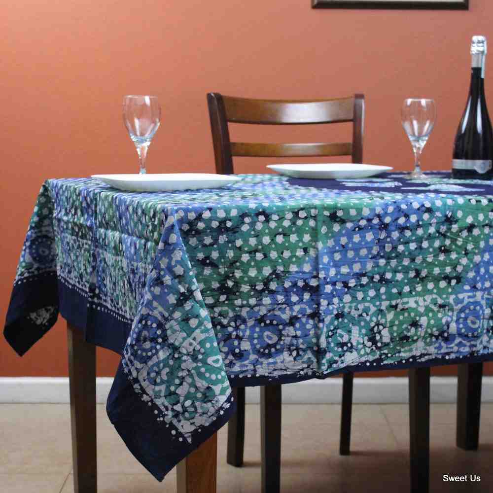 Cotton Batik Tablecloth Rectangle 58x90 Blue Purple Green, Kitchen Table Linen