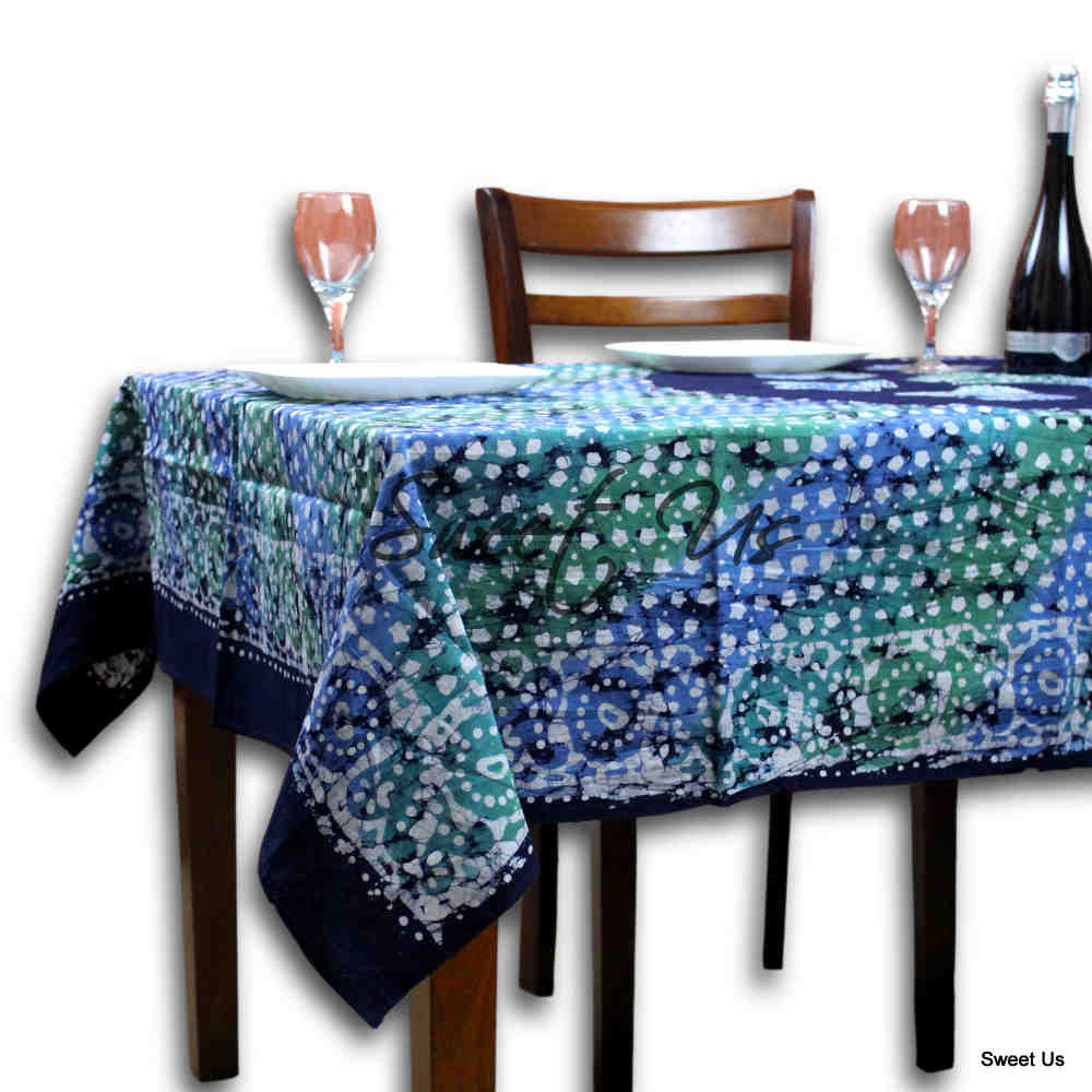 Cotton Batik Tablecloth Rectangle 58x90 Blue Purple Green, Kitchen Table Linen