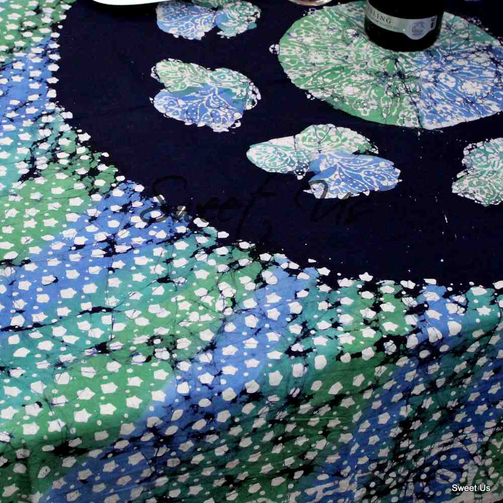 Cotton Batik Tablecloth Rectangle 58x90 Blue Purple Green, Kitchen Table Linen