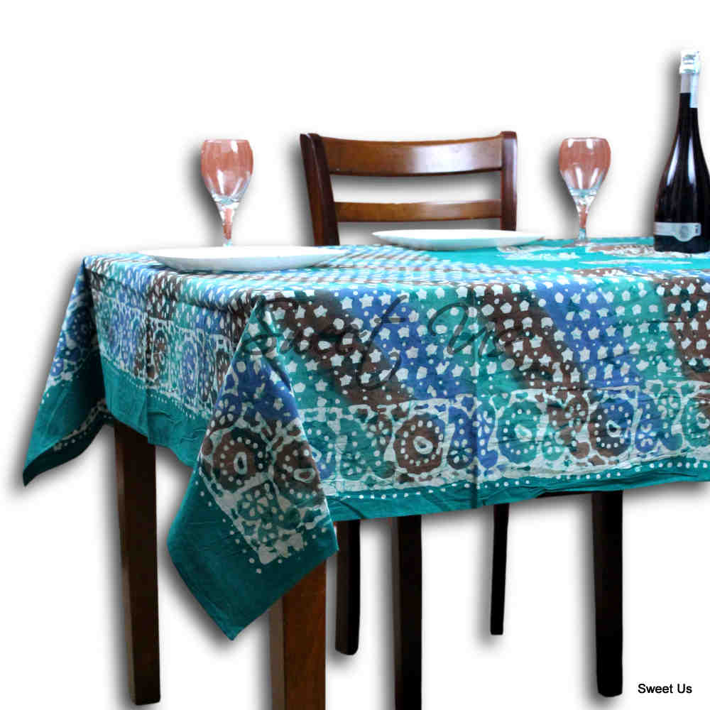 Cotton Batik Tablecloth Rectangle 58x90 Blue Purple Green, Kitchen Table Linen