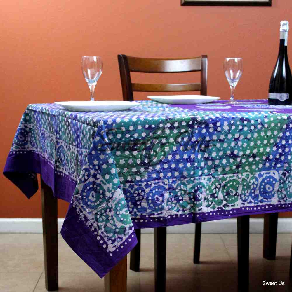 Cotton Batik Tablecloth Rectangle 58x90 Blue Purple Green, Kitchen Table Linen