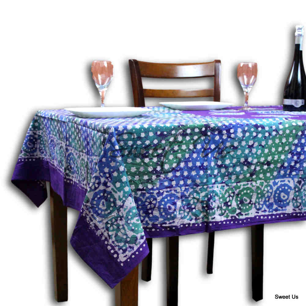 Cotton Batik Tablecloth Rectangle 58x90 Blue Purple Green, Kitchen Table Linen
