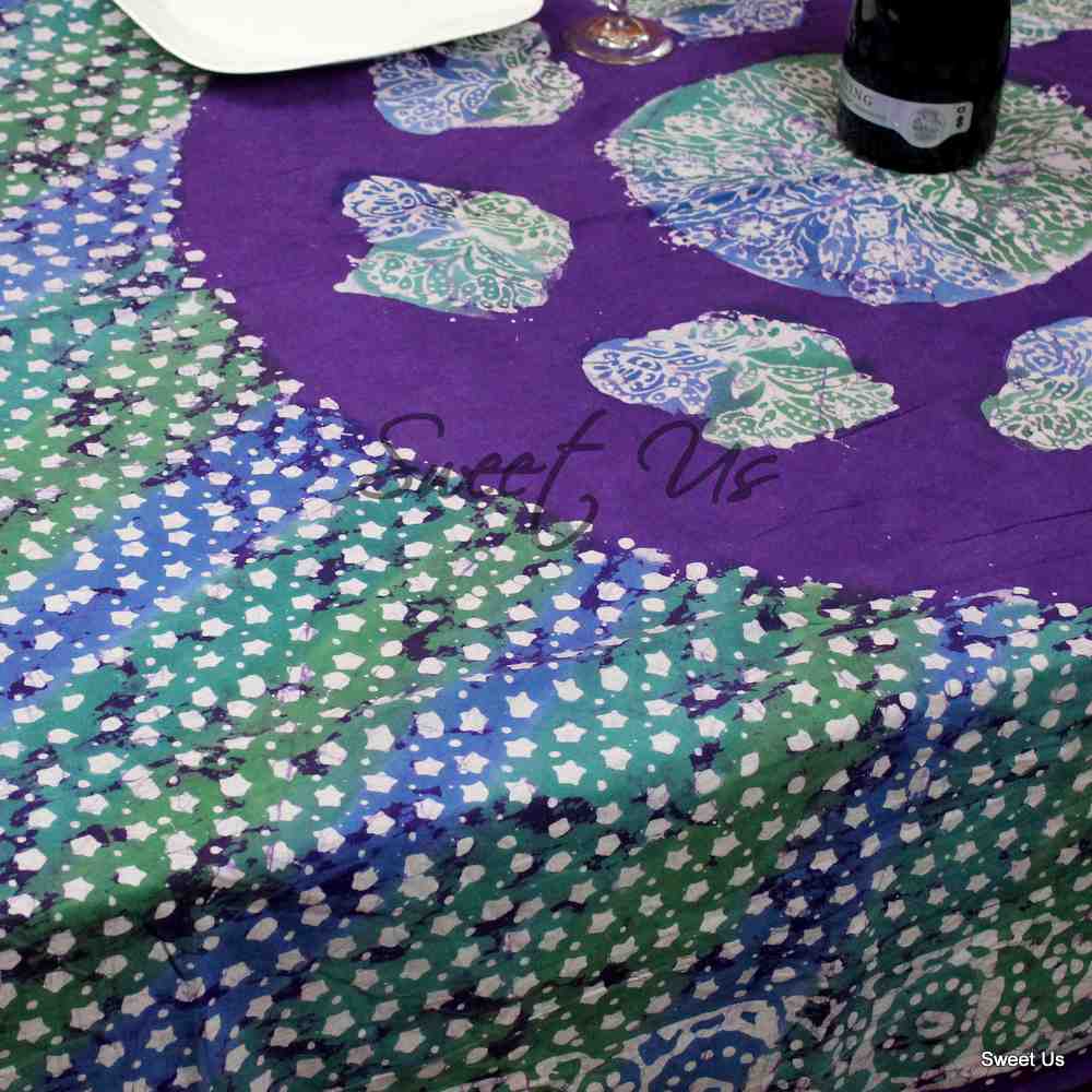 Cotton Batik Tablecloth Rectangle 58x90 Blue Purple Green, Kitchen Table Linen