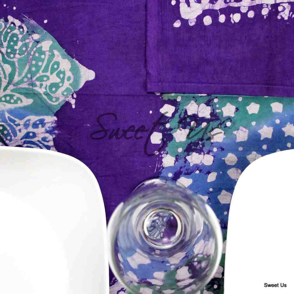 Cotton Batik Tablecloth Rectangle 58x90 Blue Purple Green, Kitchen Table Linen