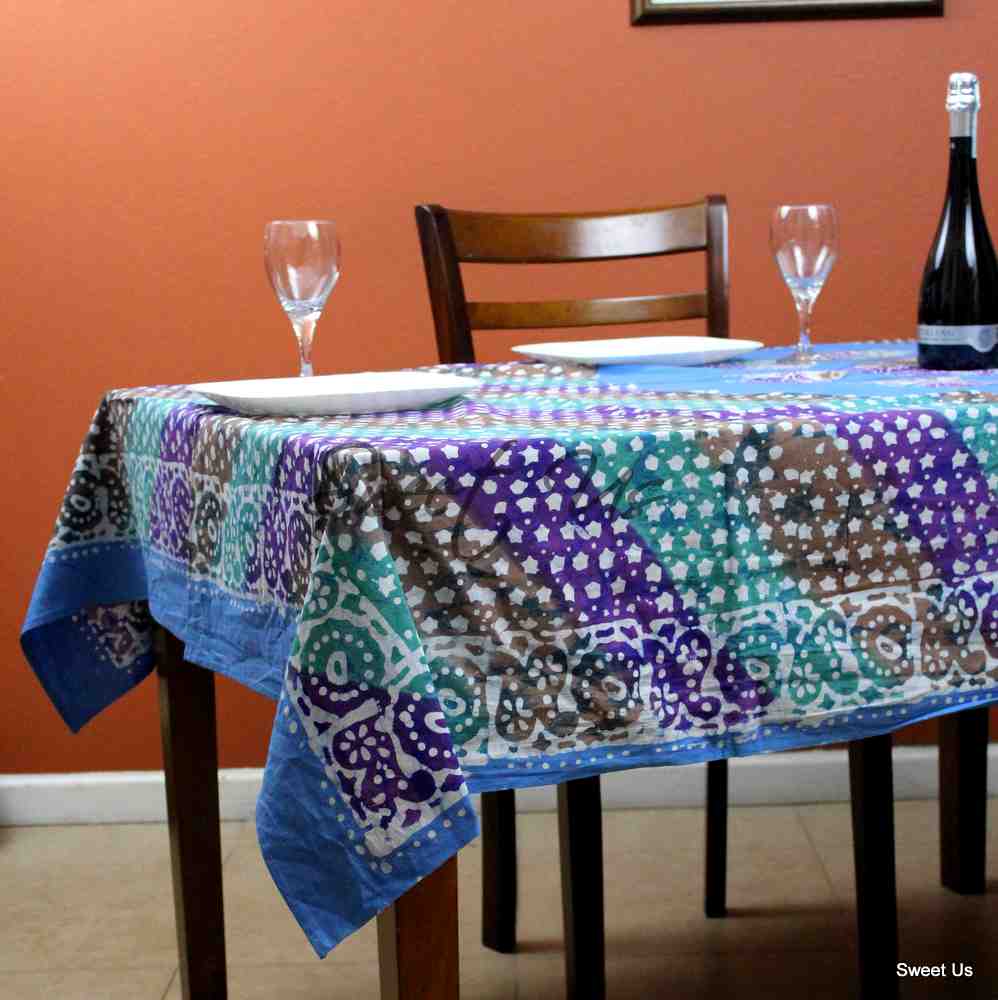 Cotton Batik Tablecloth Rectangle 58x90 Blue Purple Green, Kitchen Table Linen