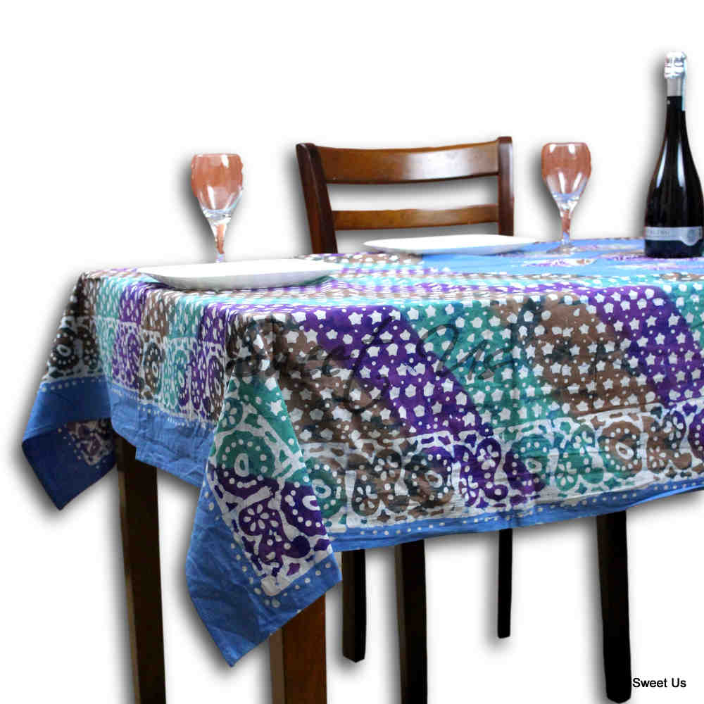 Cotton Batik Tablecloth Rectangle 58x90 Blue Purple Green, Kitchen Table Linen