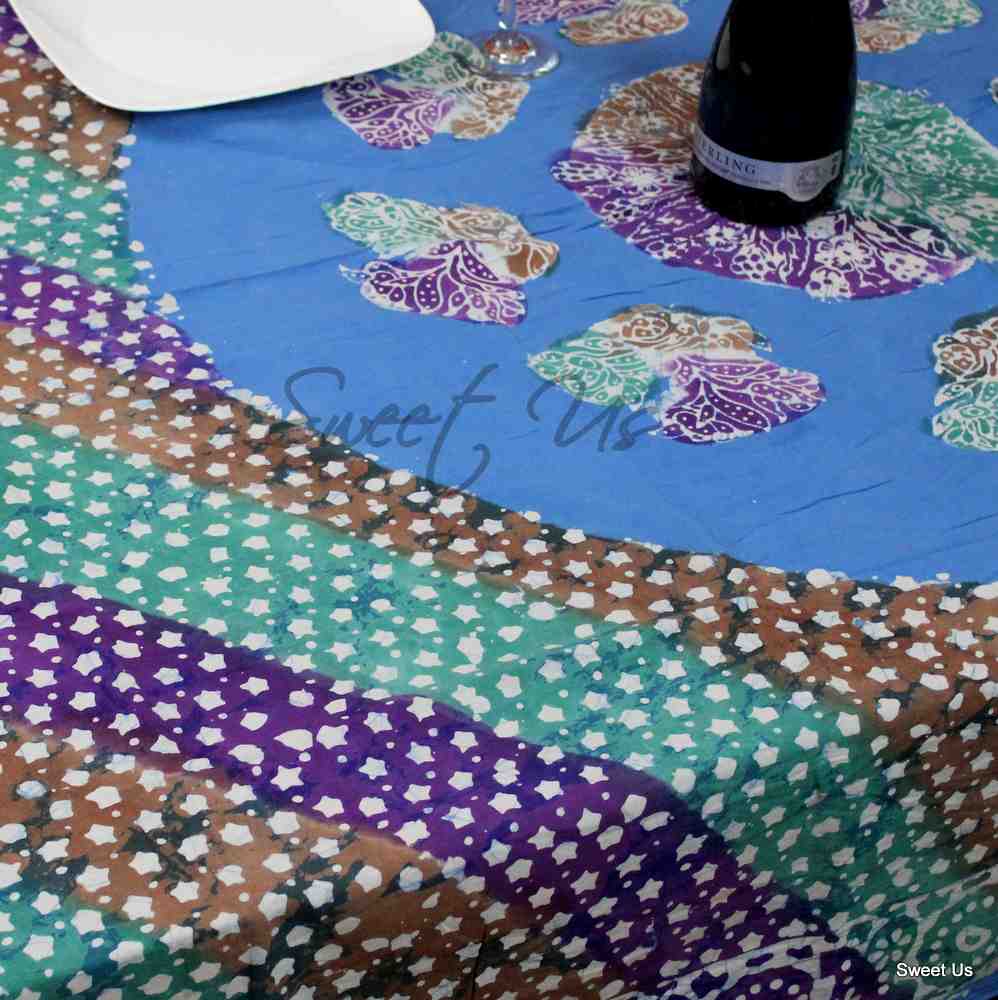 Cotton Batik Tablecloth Rectangle 58x90 Blue Purple Green, Kitchen Table Linen