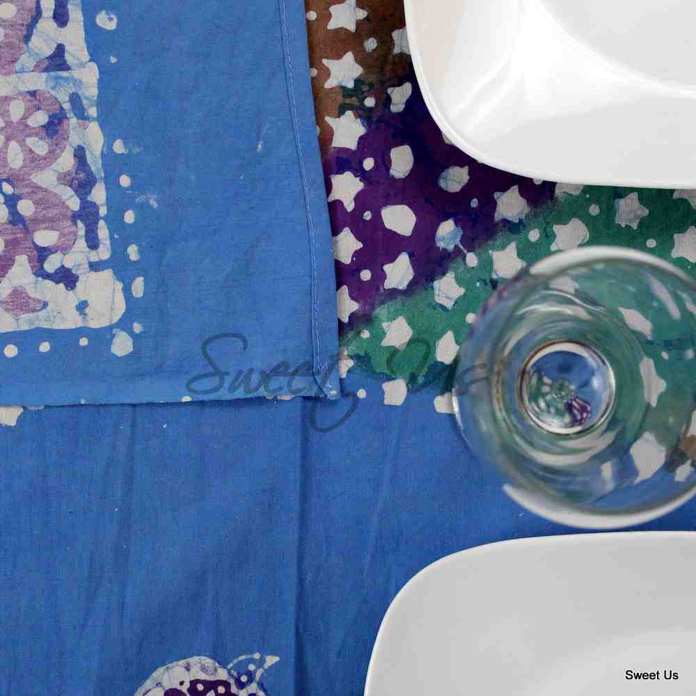 Cotton Batik Tablecloth Rectangle 58x90 Blue Purple Green, Kitchen Table Linen