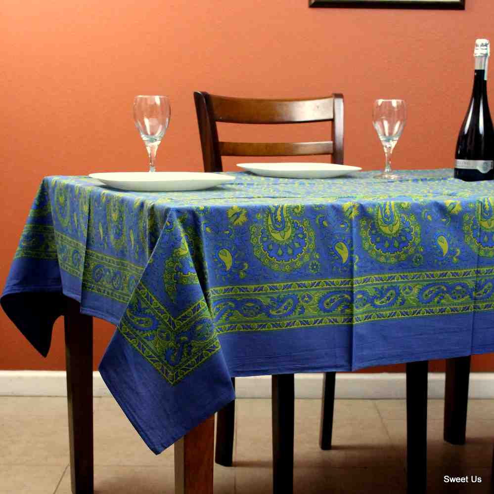 Cotton Floral Paisley Tablecloth Rectangle 58x90 Blue Yellow Green