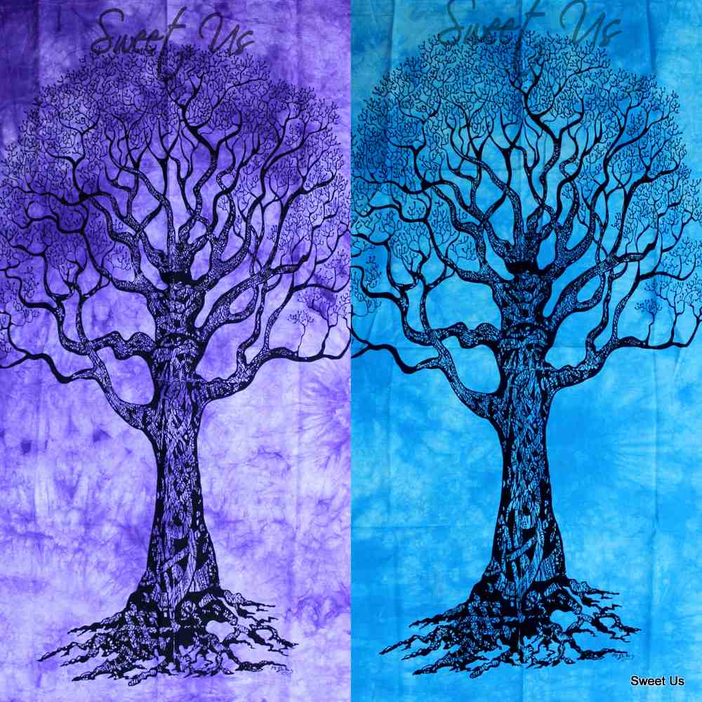 Cotton Tie-Dye Tapestry Hippie Bohemian Tree of Life Wall Hang Blue, Purple