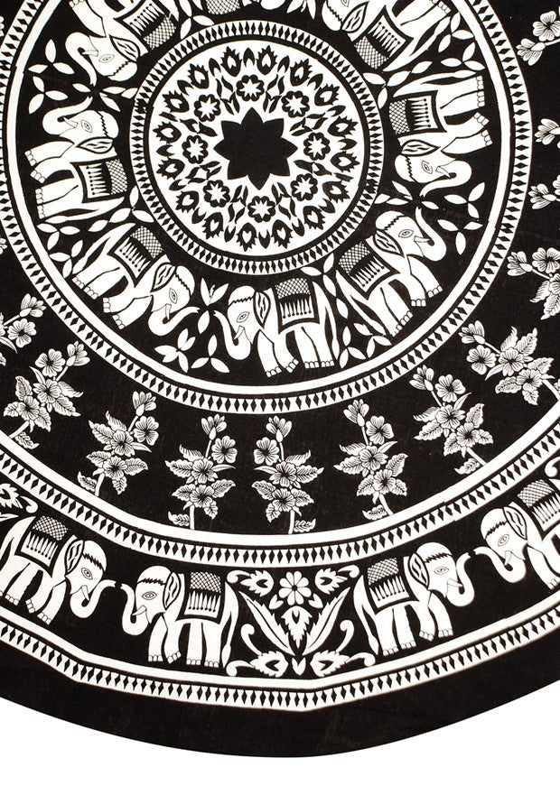 Handmade 100% Cotton Mandala Floral Elephant Tablecloth 72 Inch Round Black White - Sweet Us