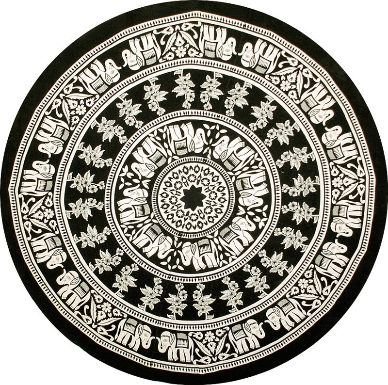Handmade 100% Cotton Mandala Floral Elephant Tablecloth 72 Inch Round Black White - Sweet Us