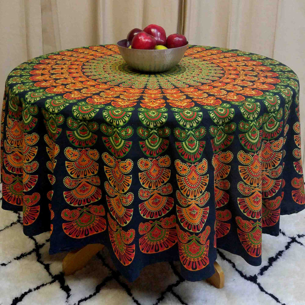 Sanganer Peacock Mandala Round Tablecloth Rectangular 58 x 90 inches 72-inch Green - Sweet Us