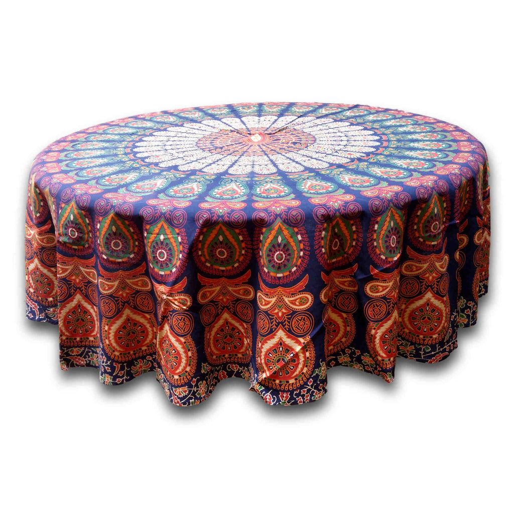 Cotton Sanganer Peacock Mandala Round Tablecloth 72 inches Blue Green Red Beige - Sweet Us