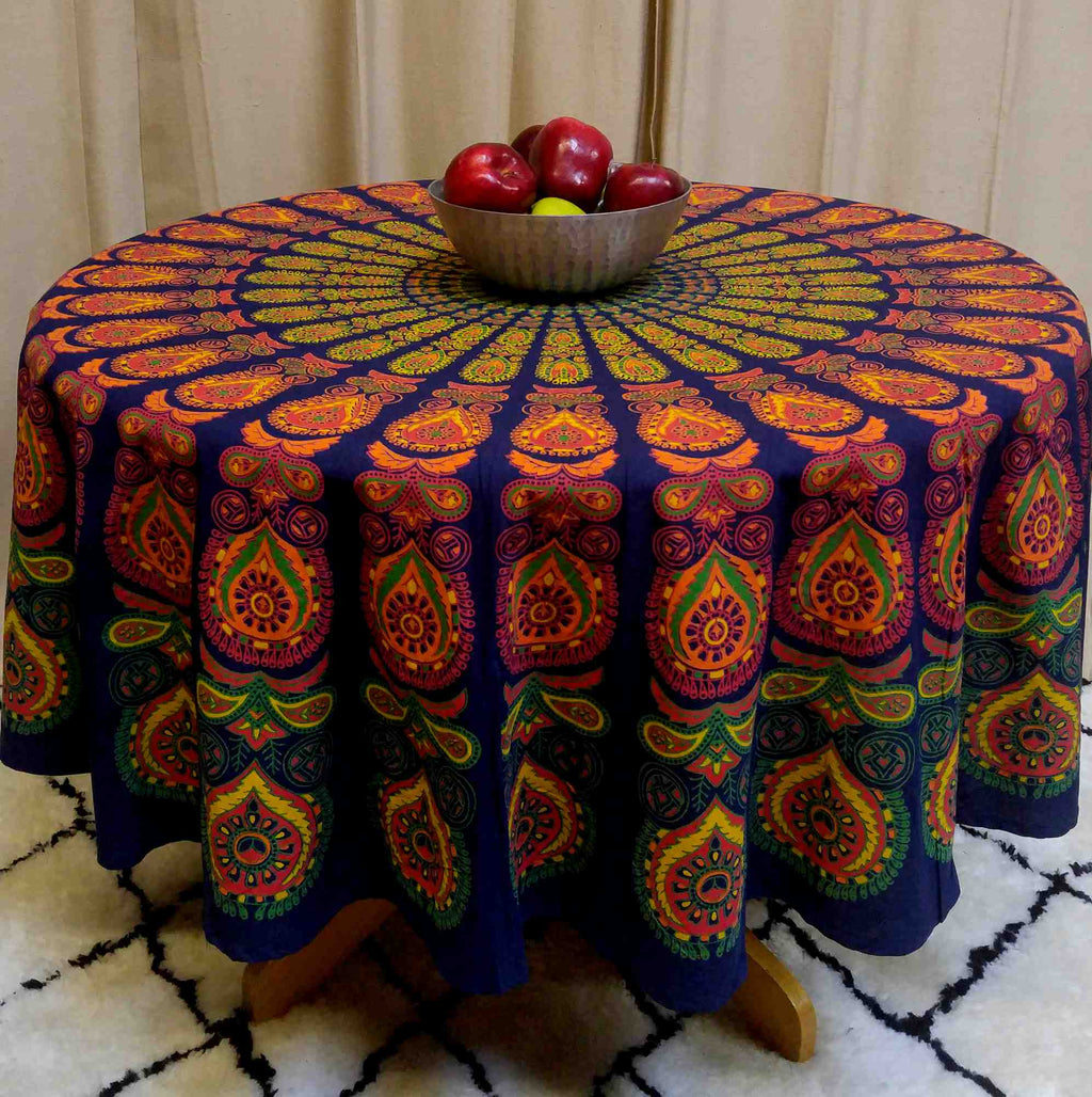 Sanganer Peacock Mandala Cotton Round Tablecloth Rectangle 60x90 Rust Gold Green - Sweet Us