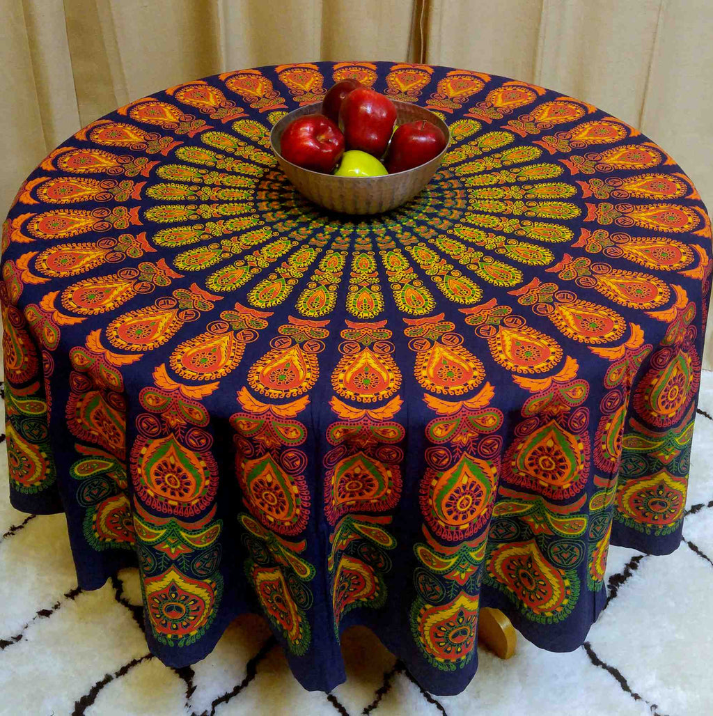 Sanganer Peacock Mandala Cotton Round Tablecloth Rectangle 60x90 Rust Gold Green - Sweet Us