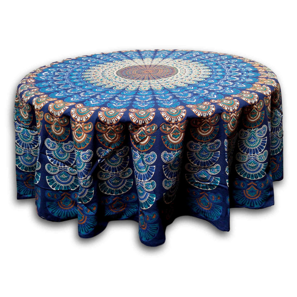 Handmade Sanganer Peacock Mandala Cotton Tablecloth Blue 72 inches Round 60 x 90 inches Rectangular - Sweet Us