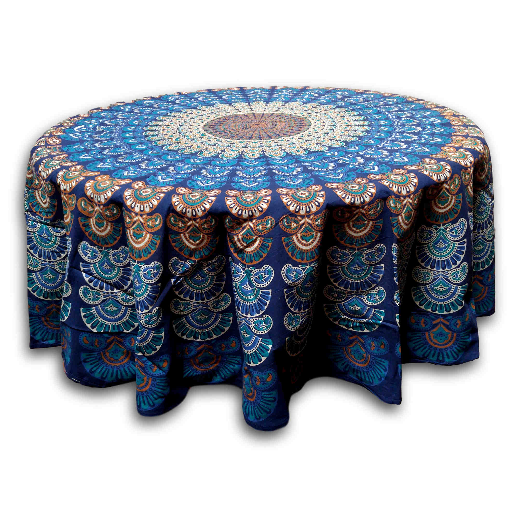 Handmade Sanganer Peacock Mandala Cotton Tablecloth Blue 72 inches Round 60 x 90 inches Rectangular - Sweet Us