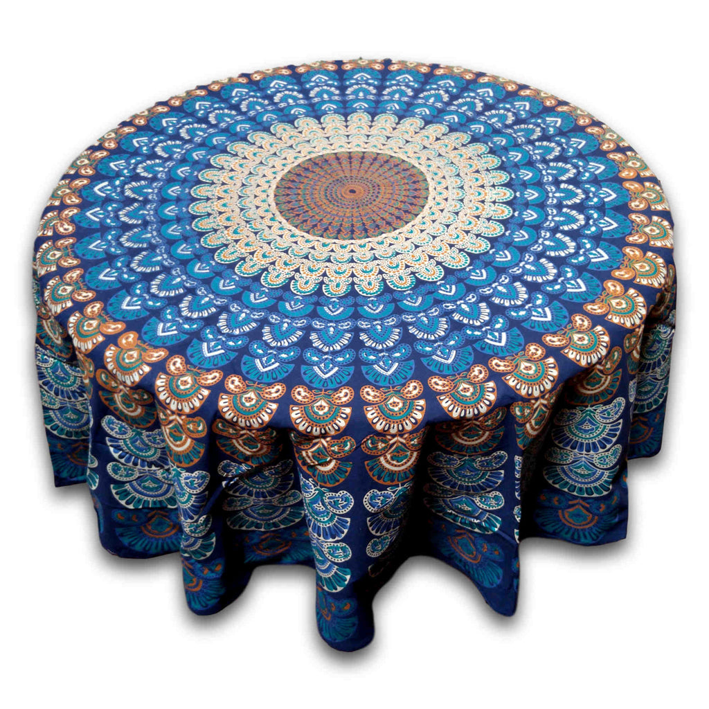 Handmade Sanganer Peacock Mandala Cotton Tablecloth Blue 72 inches Round 60 x 90 inches Rectangular - Sweet Us