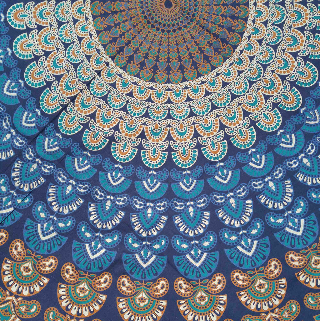 Handmade Sanganer Peacock Mandala Cotton Tablecloth Blue 72 inches Round 60 x 90 inches Rectangular - Sweet Us