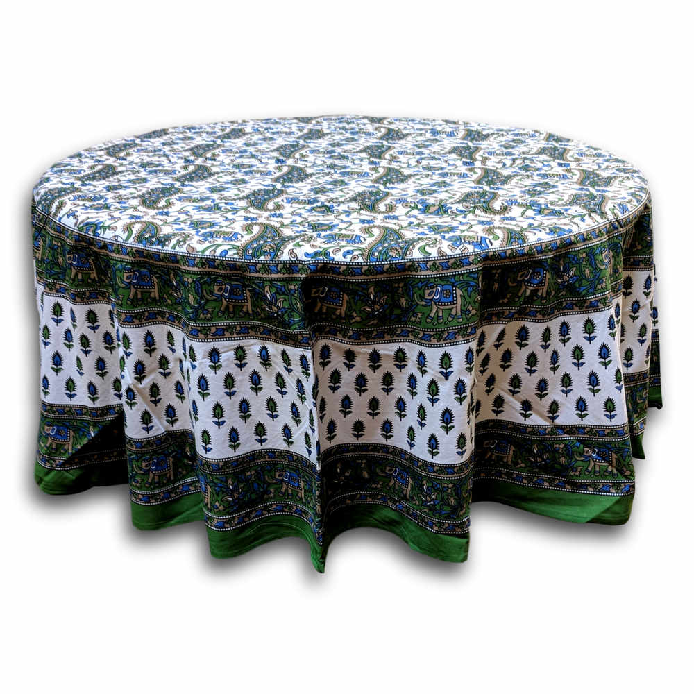 Cotton Elephant Print Floral Paisley Tablecloth Round 72 inches Green Blue - Sweet Us