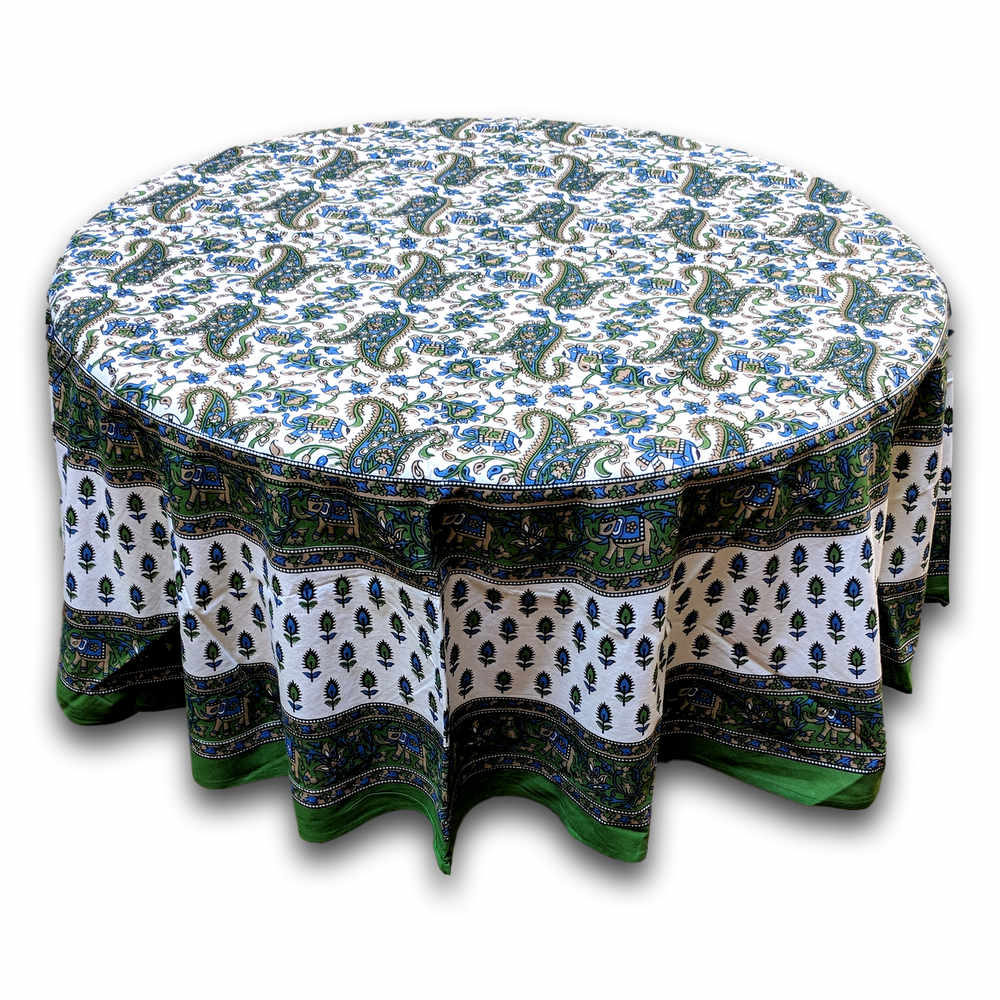 Cotton Elephant Print Floral Paisley Tablecloth Round 72 inches Green Blue - Sweet Us