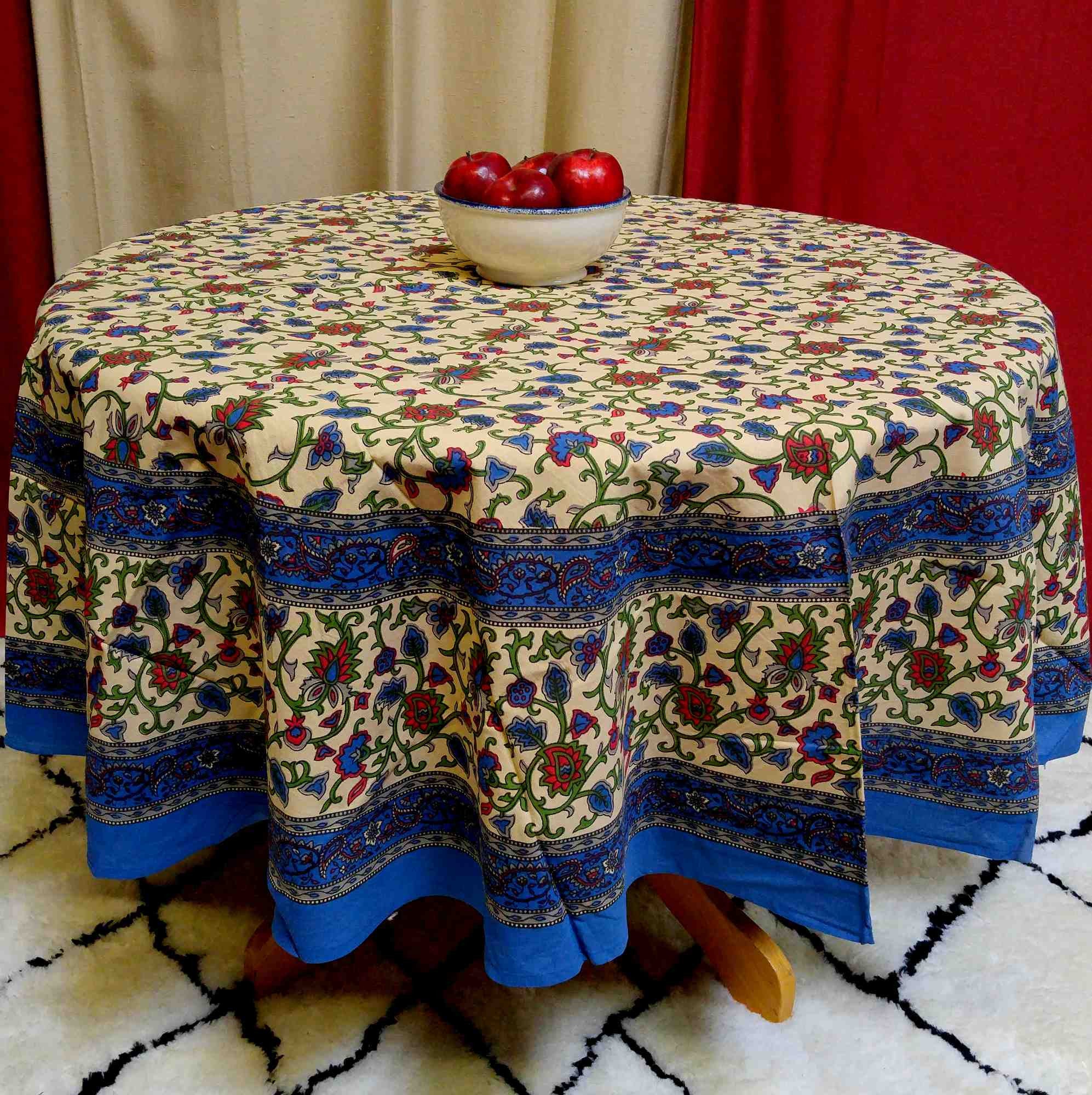 Handmade 100% Cotton Hand Block Print Floral Vine 72" Round Tablecloth Blues - Sweet Us