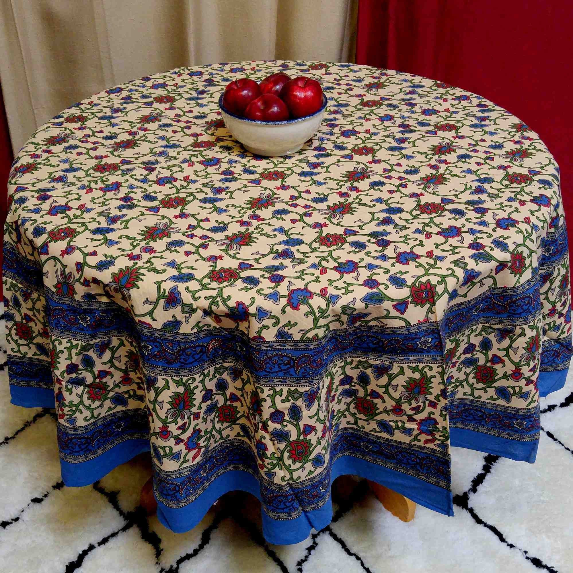 Handmade 100% Cotton Hand Block Print Floral Vine 72" Round Tablecloth Blues - Sweet Us