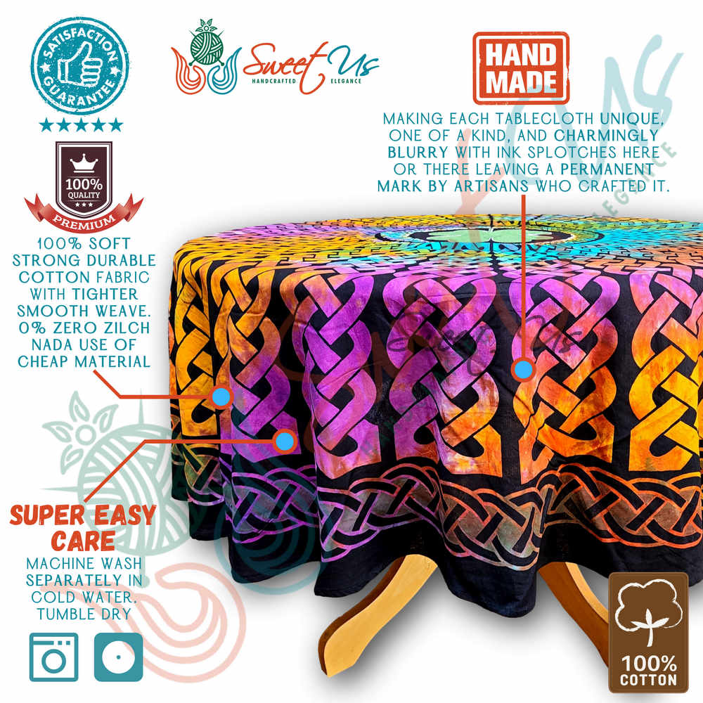 Tie-Dye Cotton Celtic Lucky Clover Tablecloth Rectangle, Round Multicolor Linen