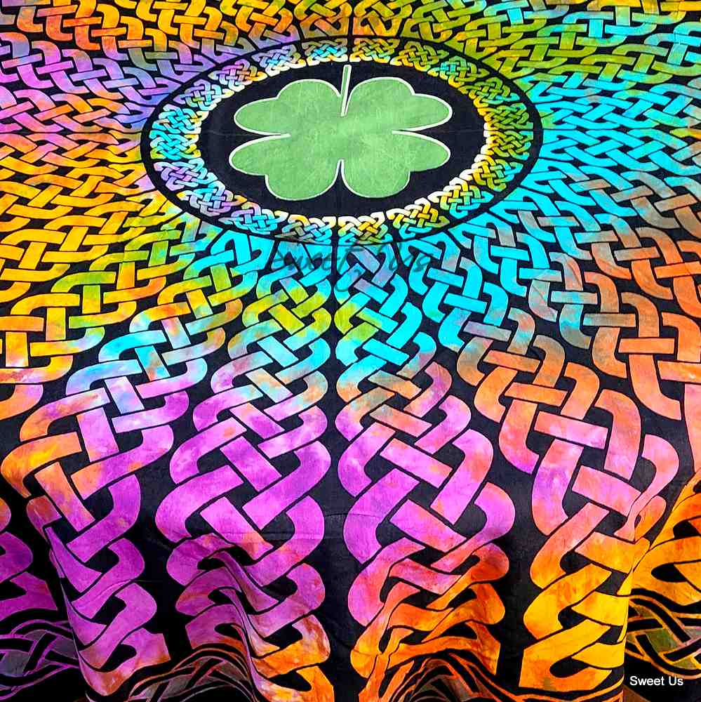 Tie-Dye Cotton Celtic Lucky Clover Tablecloth Rectangle, Round Multicolor Linen