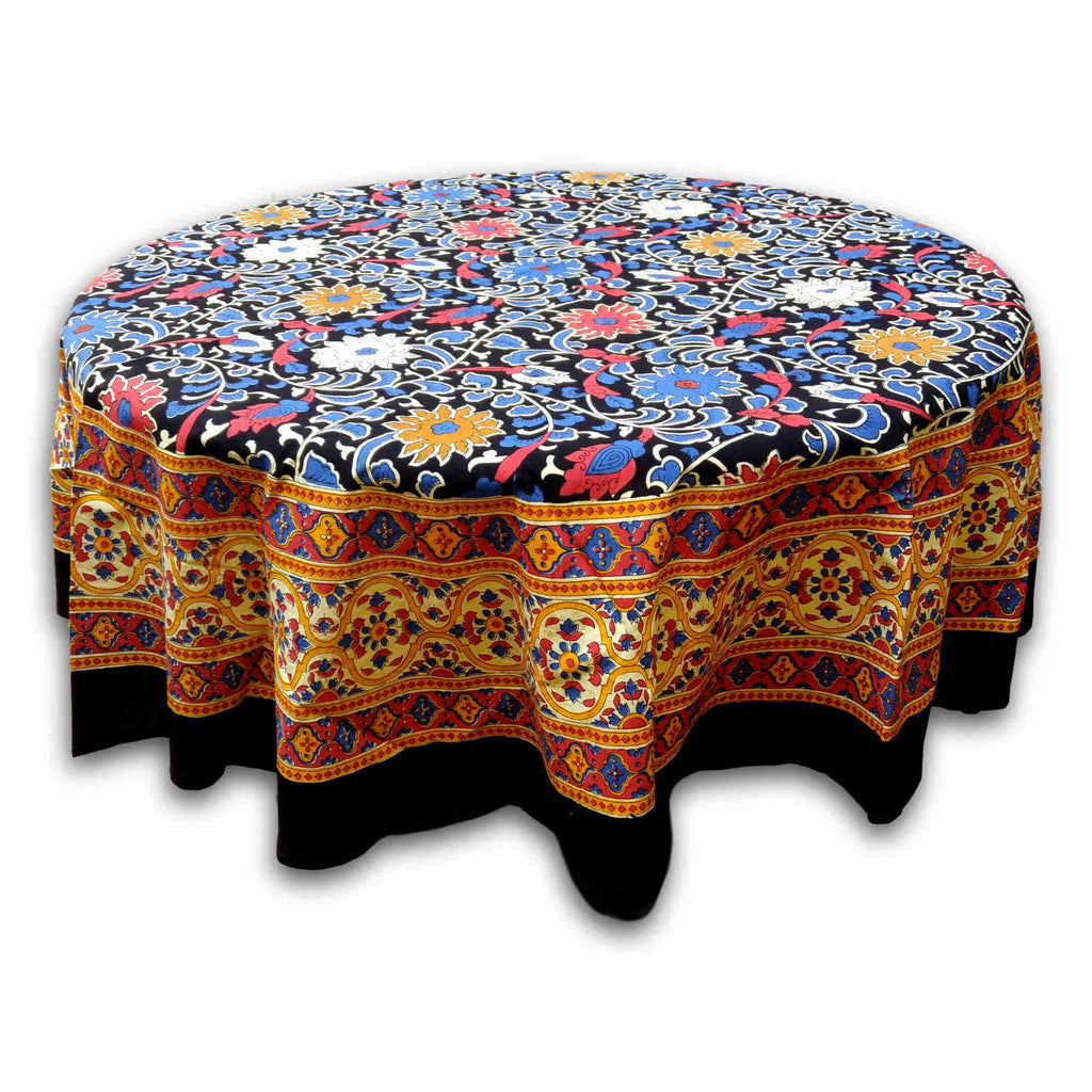 Cotton Sunflower Print Floral Tablecloth Round 60 & 72 inches Yellow & Black - Sweet Us