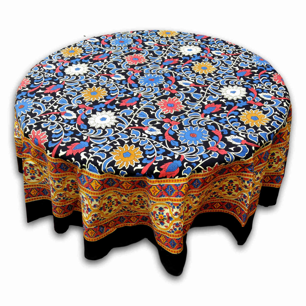 Cotton Sunflower Print Floral Tablecloth Round 60 & 72 inches Yellow & Black - Sweet Us