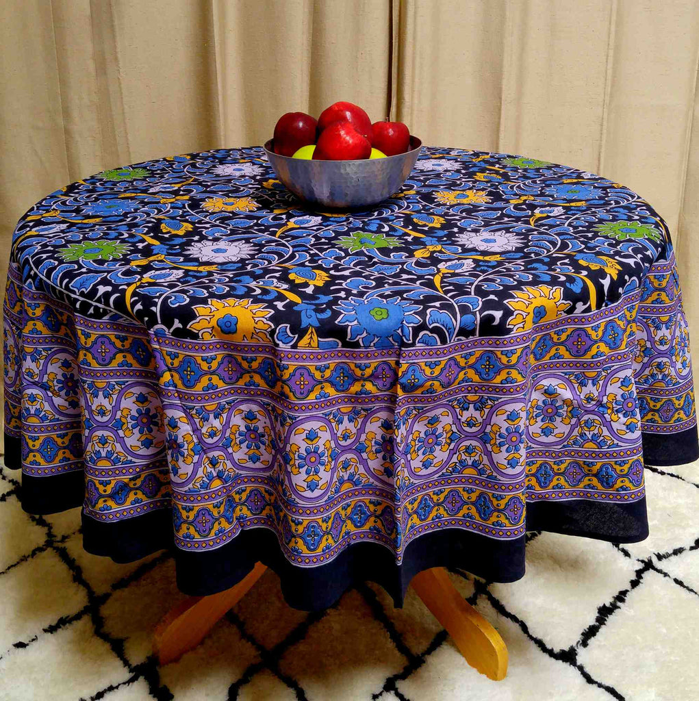 Handmade Sunflower Print 100% Cotton Tablecloth Round 66" Round Purple & Black - Sweet Us