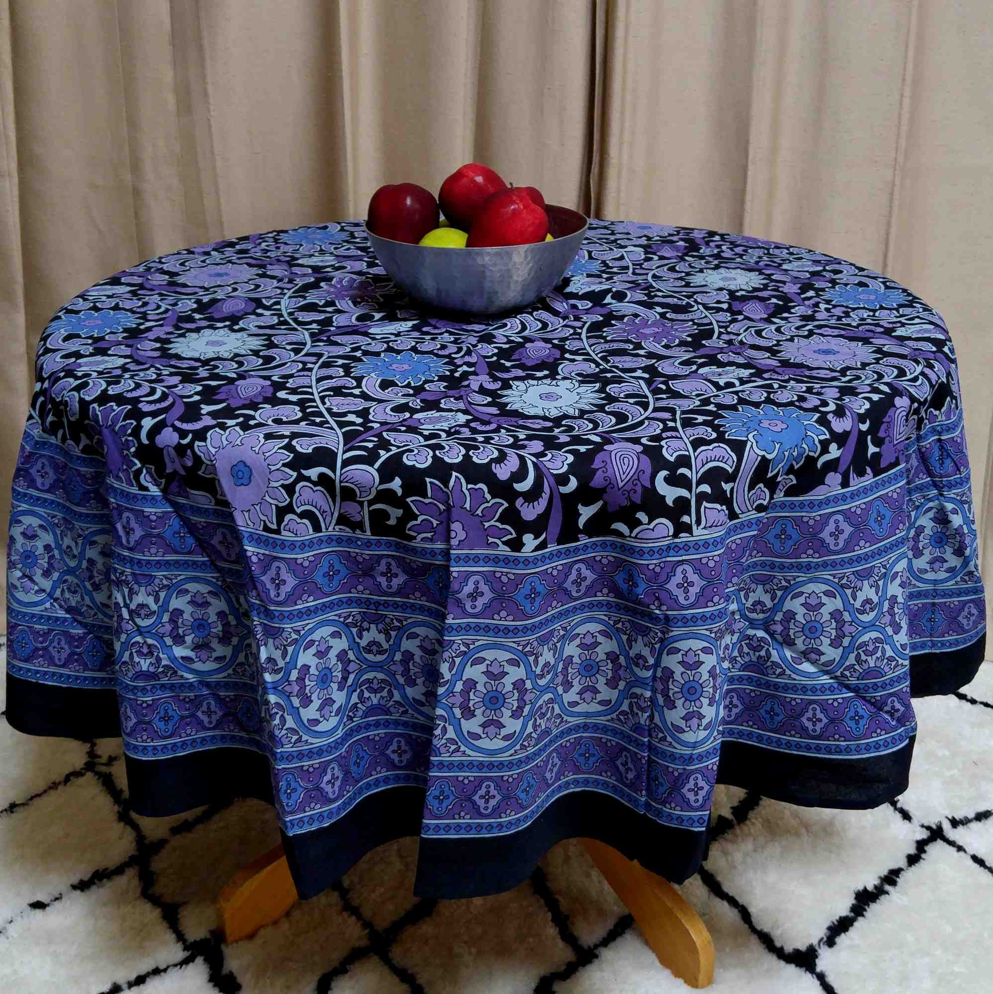 Handmade Sunflower Print 100% Cotton Tablecloth 72" Round Blue & Black - Sweet Us