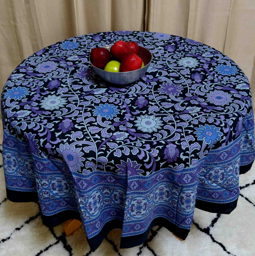 Handmade Sunflower Print 100% Cotton Tablecloth 72" Round Blue & Black - Sweet Us