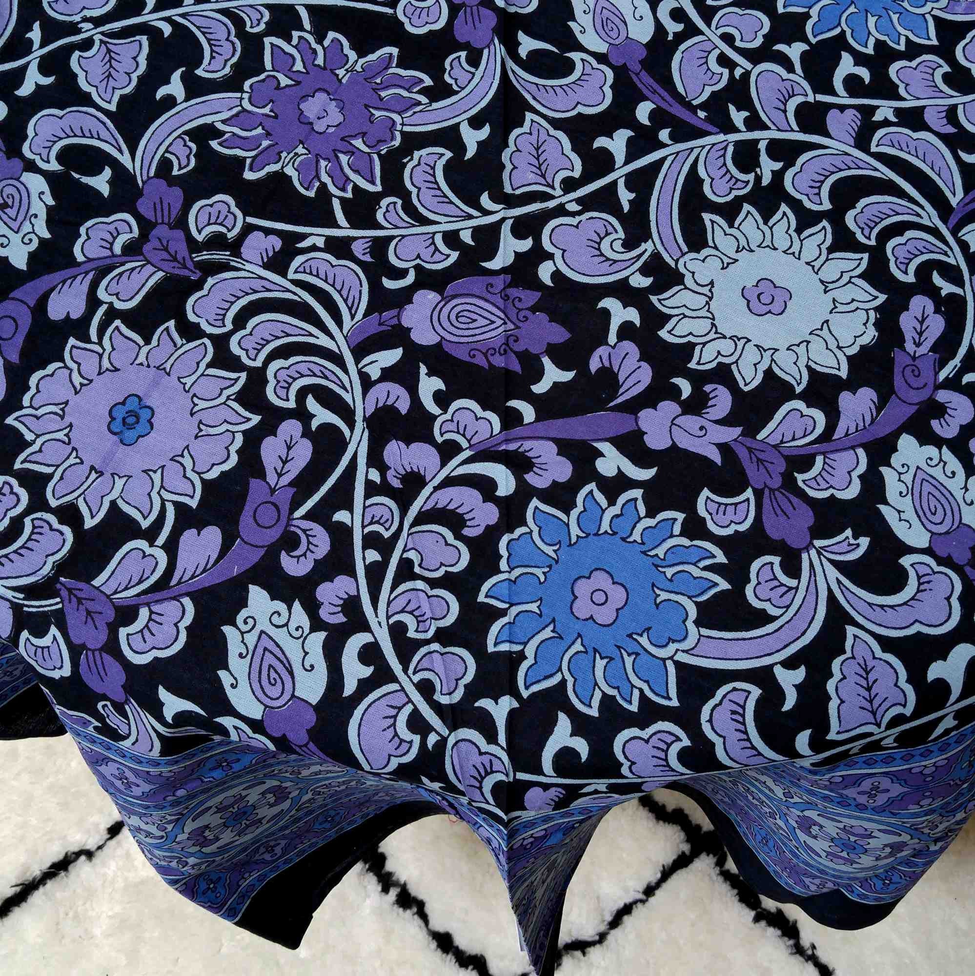 Handmade Sunflower Print 100% Cotton Tablecloth 72" Round Blue & Black - Sweet Us