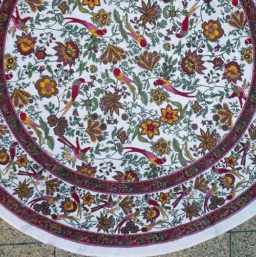 Handmade Birds of Paradise 100% Cotton Floral Tablecloth 66" Round White - Sweet Us