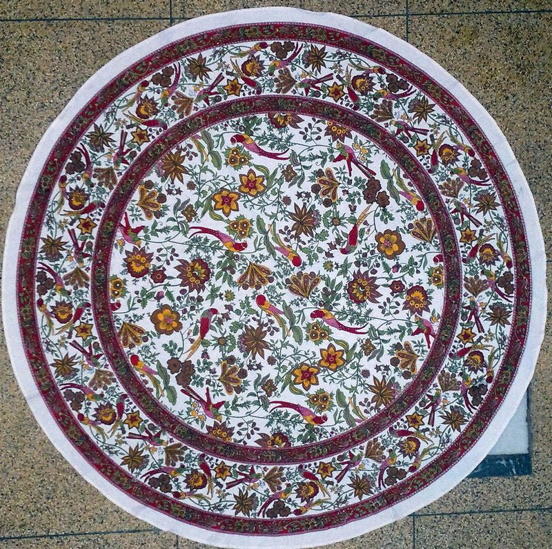 Handmade Birds of Paradise 100% Cotton Floral Tablecloth 66" Round White - Sweet Us