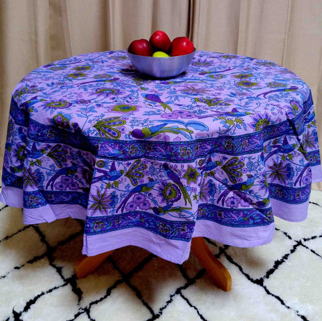 Handmade Birds of Paradise 100% Cotton Floral Tablecloth 66" Round Purple - Sweet Us
