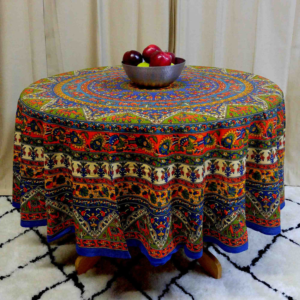 CLEARANCE SALE Handmade Cotton Mandala Floral Elephant Tablecloth 76" Round Blue - Sweet Us