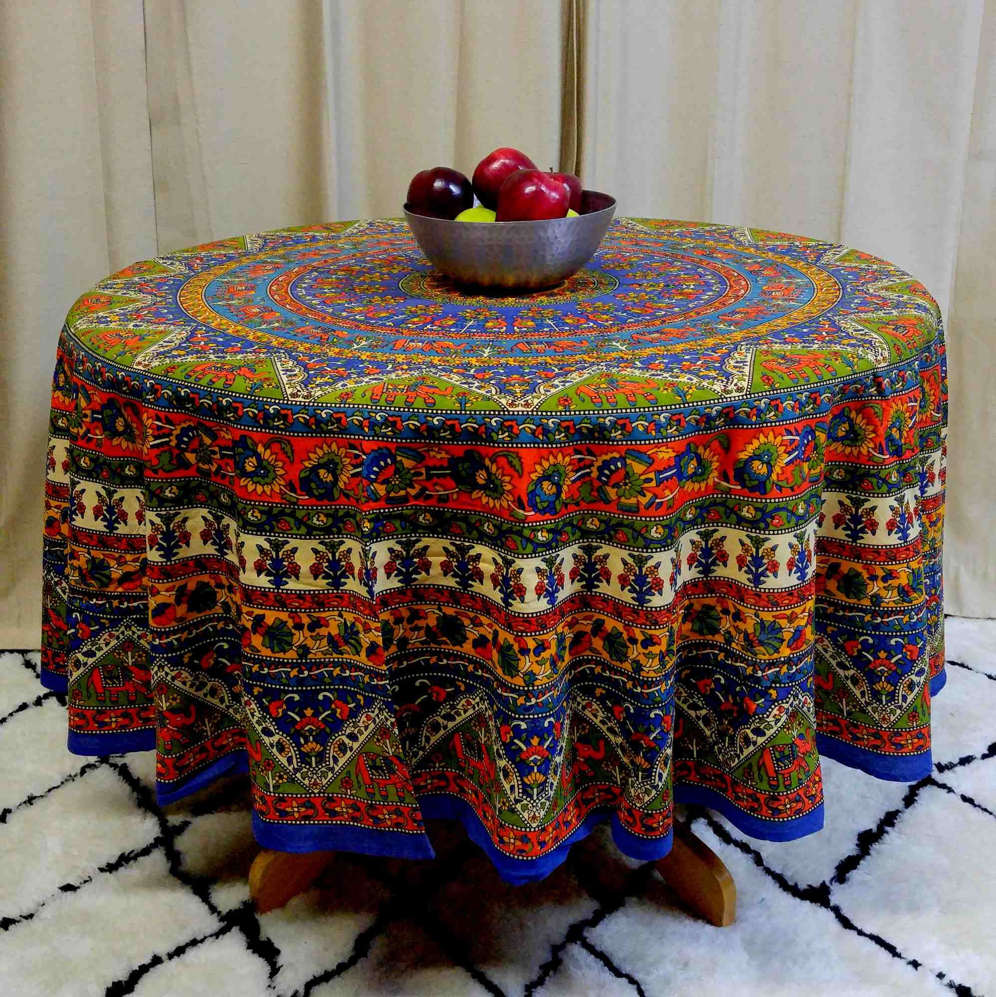 CLEARANCE SALE Handmade Cotton Mandala Floral Elephant Tablecloth 76" Round Blue - Sweet Us